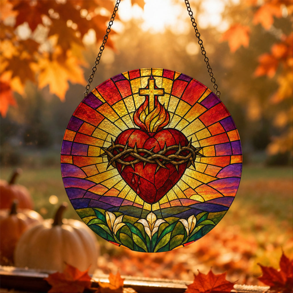 Cor Ardens IV Glass Suncatcher - Catholic Suncatcher, hanging display