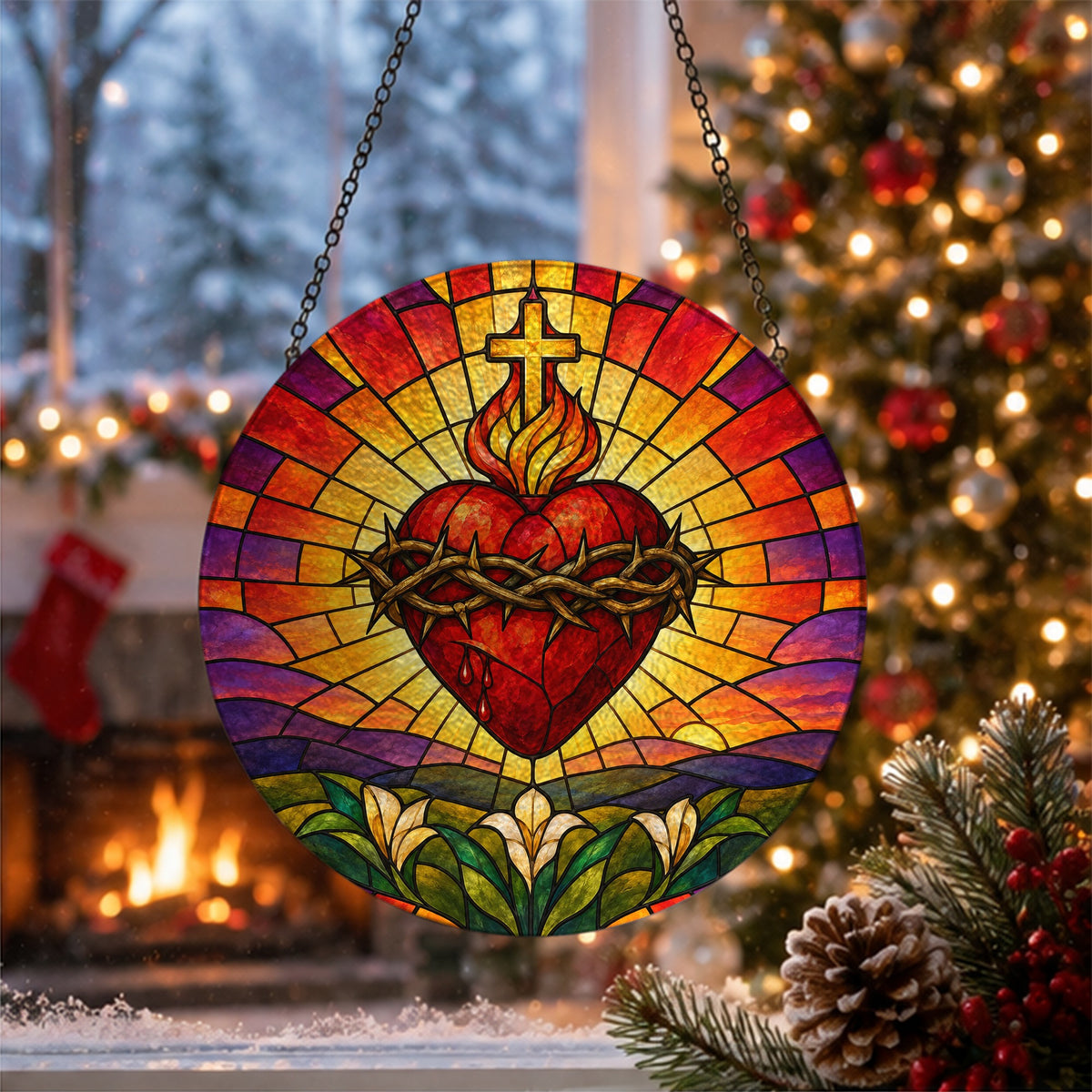 Cor Ardens IV Glass Suncatcher - Catholic Suncatcher, close-up of the print