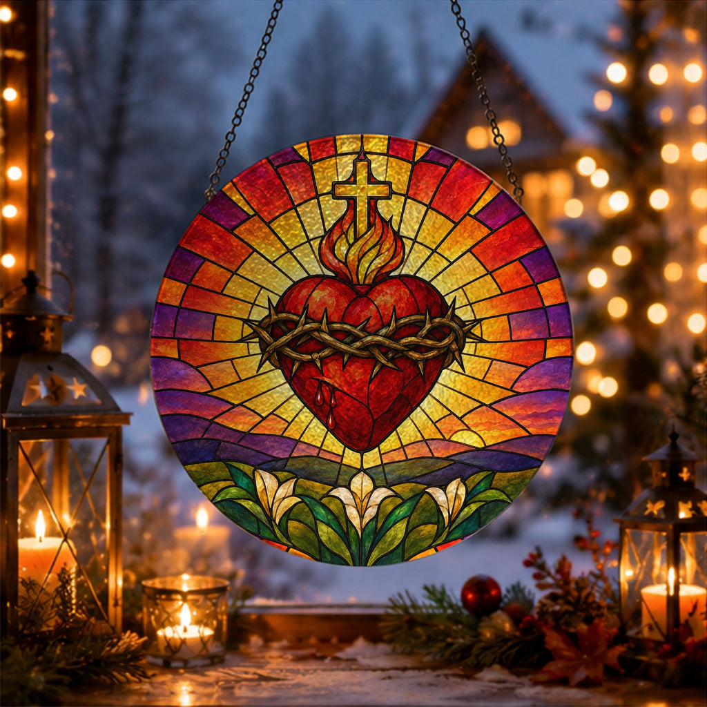 Cor Ardens IV Glass Suncatcher - Catholic Suncatcher, gift presentation