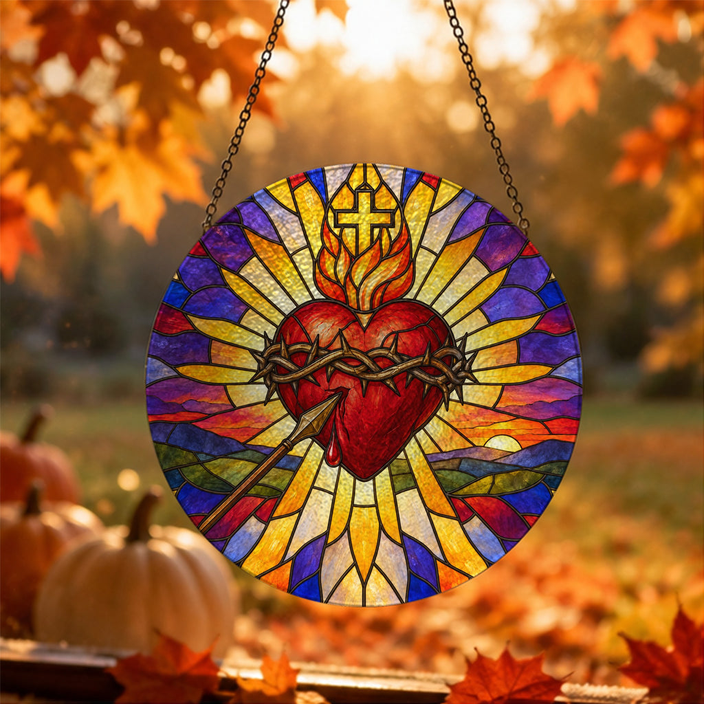 Cor Misericors IV Glass Suncatcher - Catholic Suncatcher, hanging display