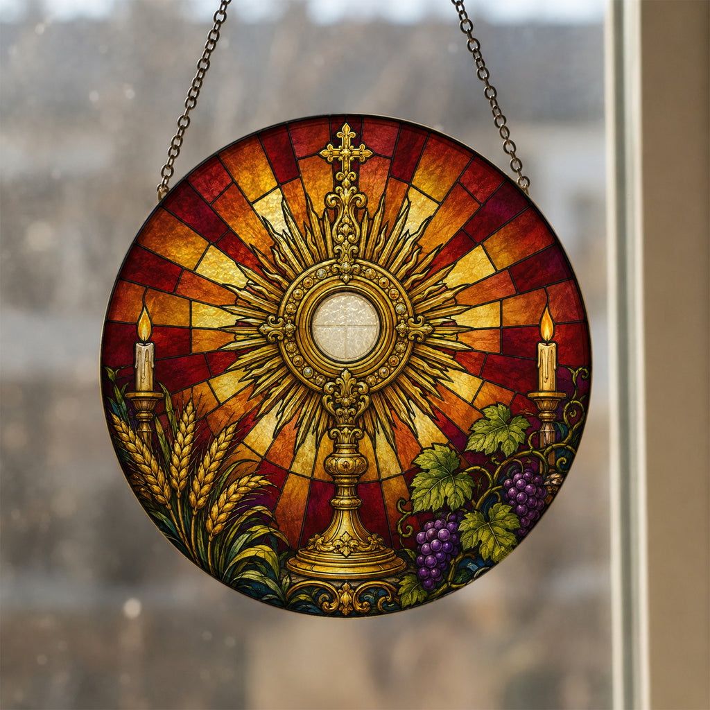Corpus Christi Glass Suncatcher - Catholic Suncatcher, styled in the home