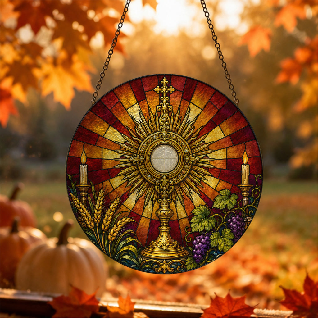 Corpus Christi Glass Suncatcher - Catholic Suncatcher, hanging display