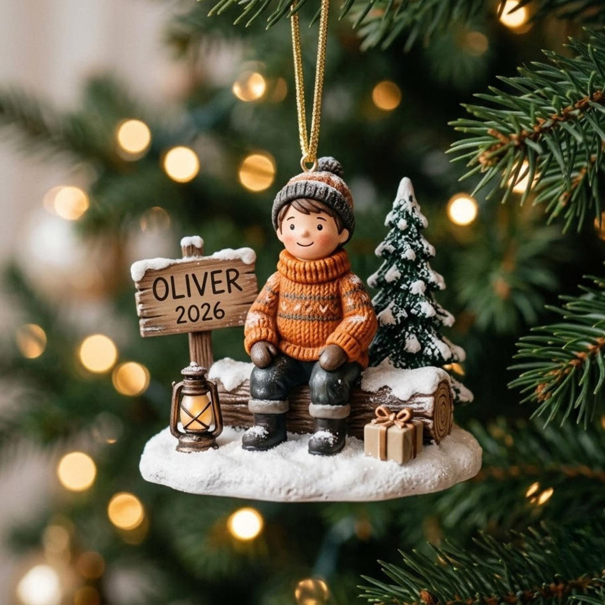 Cozy Sweater Boy Winter Log Scene Acrylic Ornament - Acrylic Christmas Ornament, front view