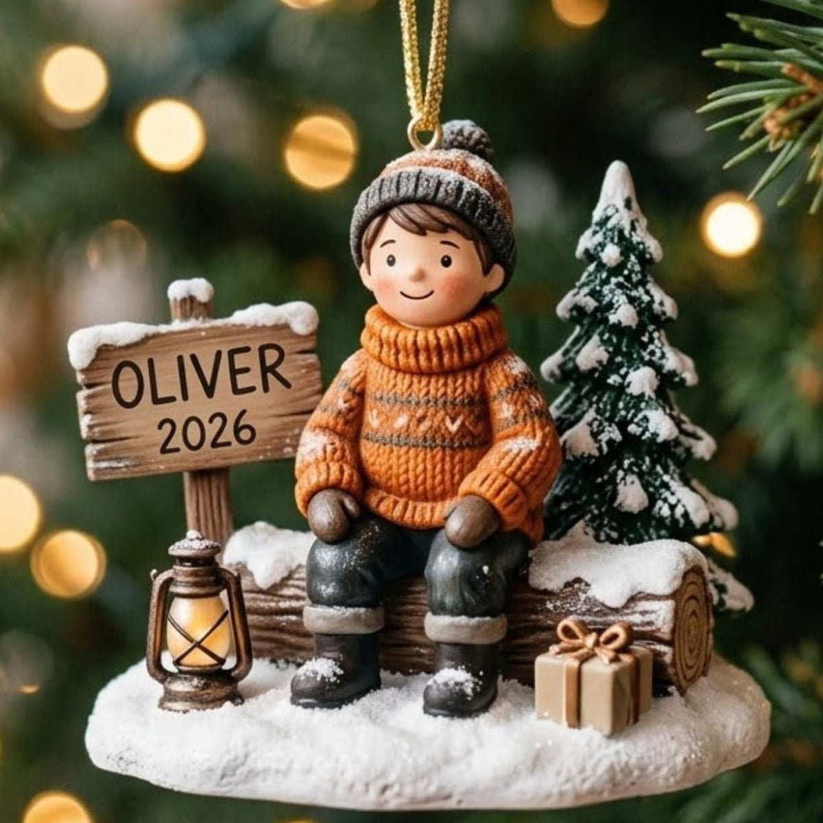 Cozy Sweater Boy Winter Log Scene Acrylic Ornament - Acrylic Christmas Ornament, detail view