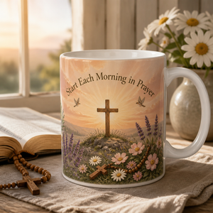 Cross At First Light Ceramic Mug - Christian Coffee Mug, front view