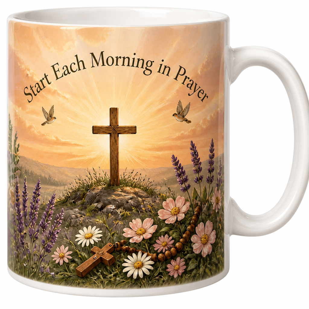 Cross At First Light Ceramic Mug - Christian Coffee Mug, detail view