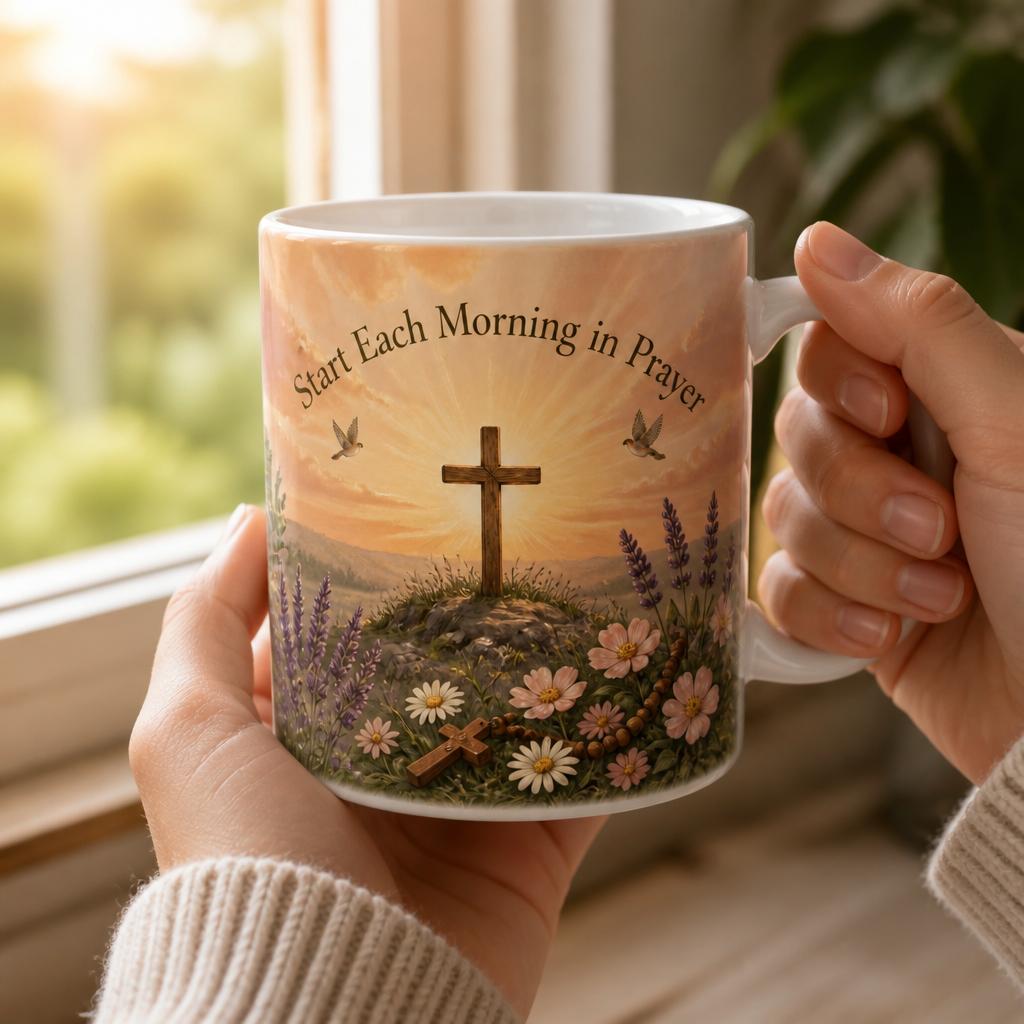 Cross At First Light Ceramic Mug - Christian Coffee Mug, styled in the home