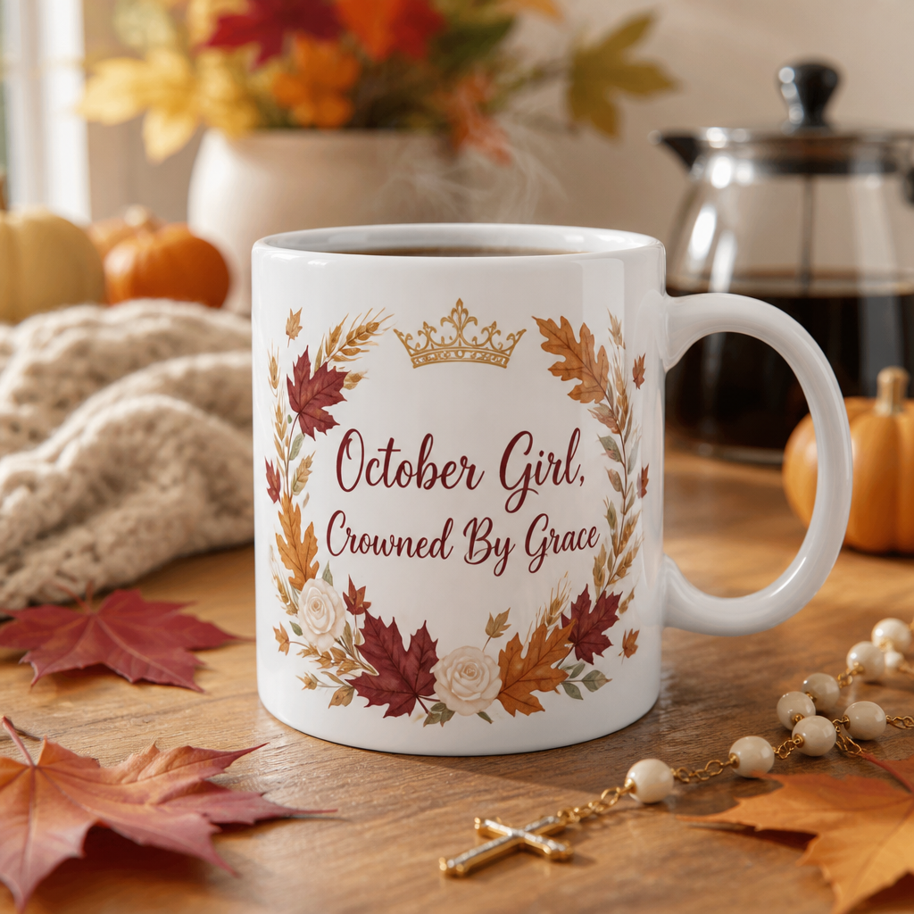 Crowned In Autumn Grace Ceramic Mug - Christian Coffee Mug, front view