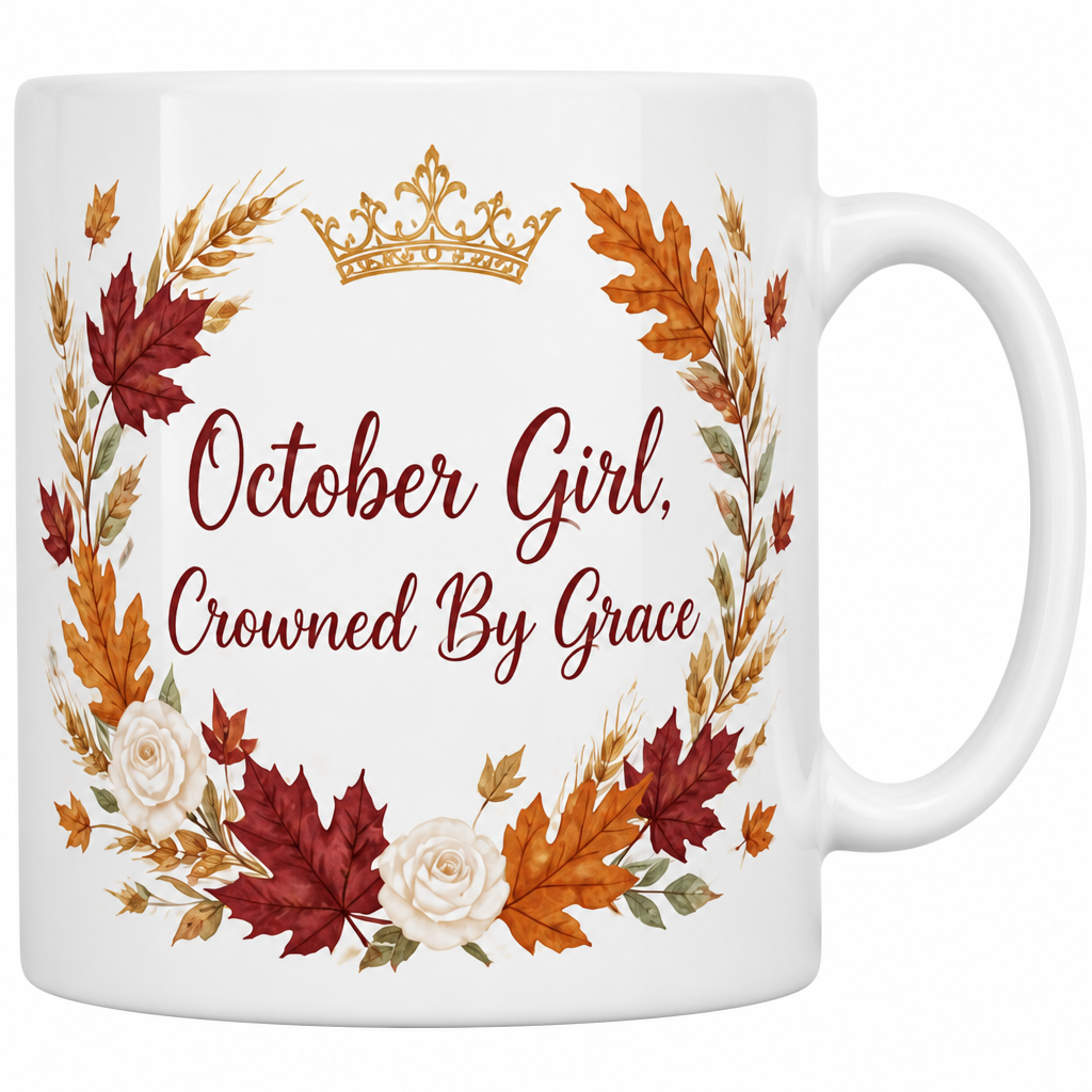 Crowned In Autumn Grace Ceramic Mug - Christian Coffee Mug, detail view