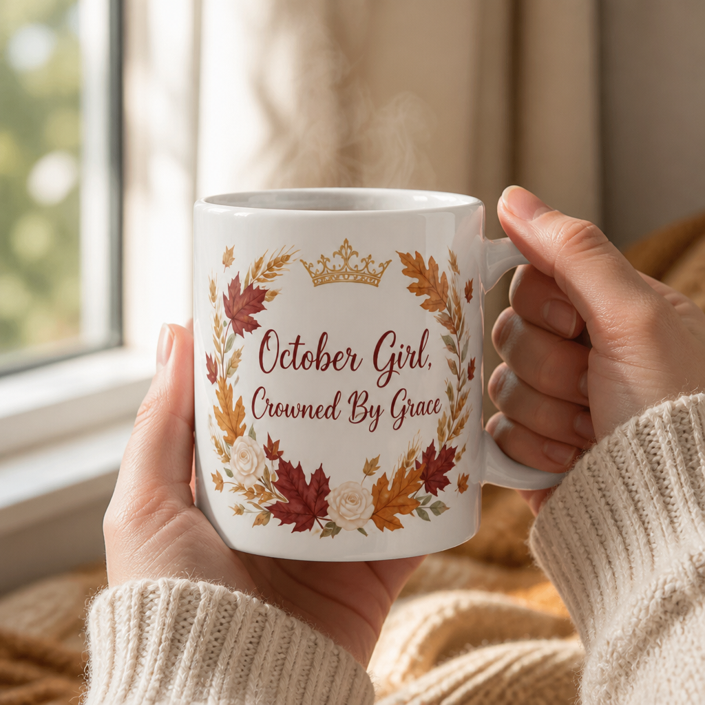 Crowned In Autumn Grace Ceramic Mug - Christian Coffee Mug, styled in the home