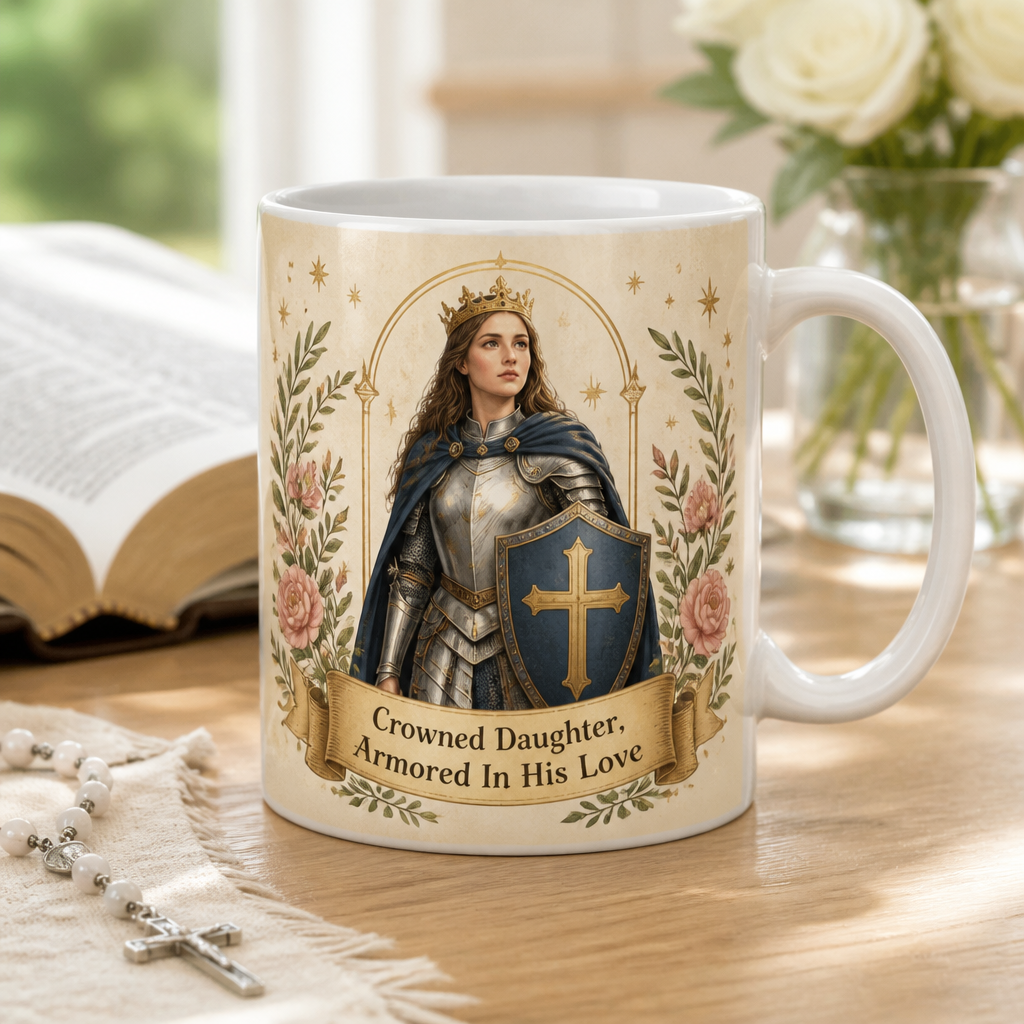 Crowned In His Armor Ceramic Mug - Christian Coffee Mug, front view
