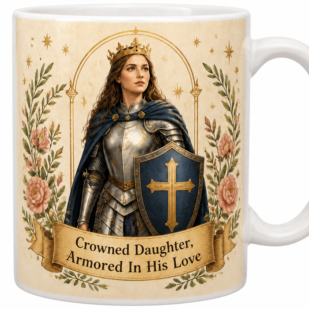 Crowned In His Armor Ceramic Mug - Christian Coffee Mug, detail view