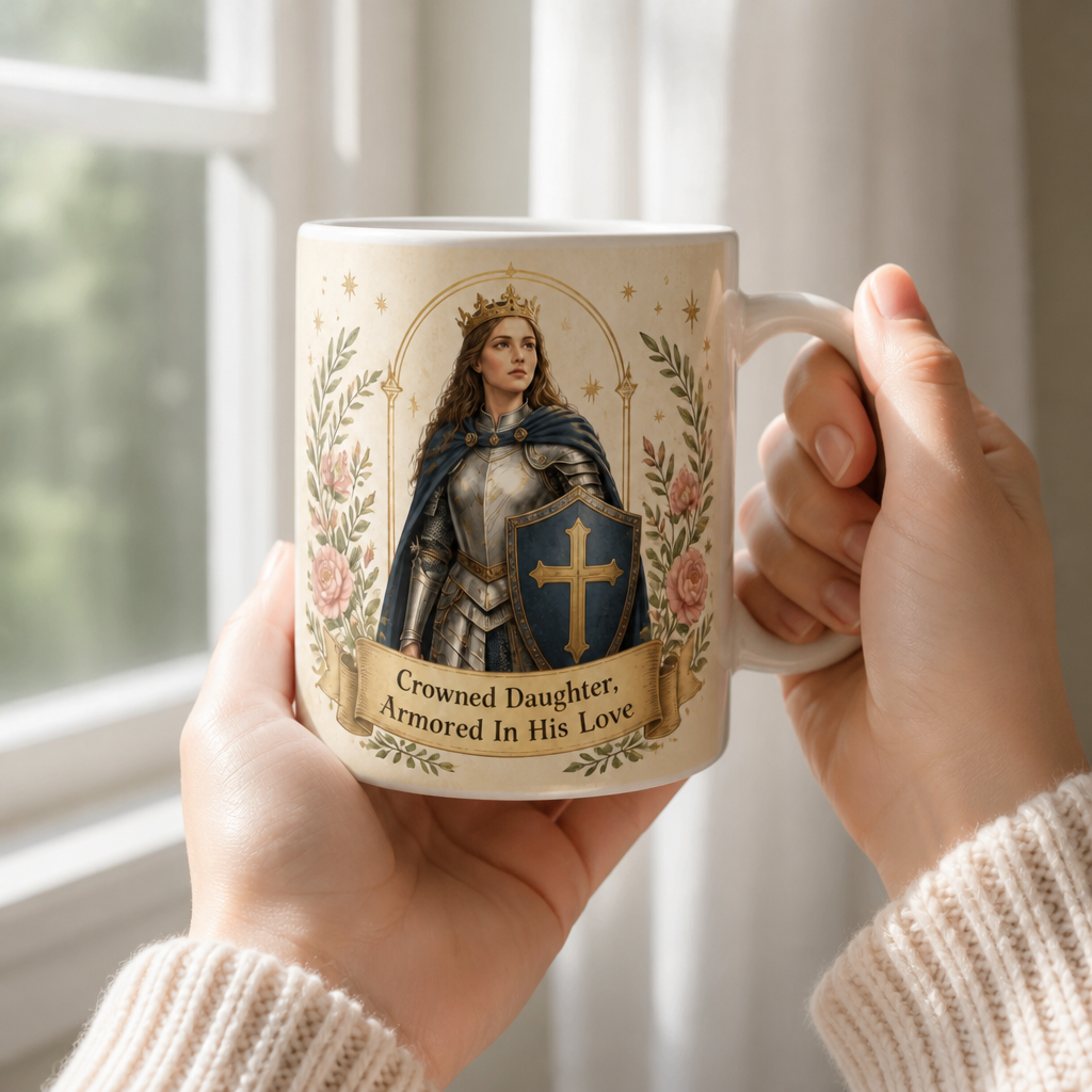 Crowned In His Armor Ceramic Mug - Christian Coffee Mug, styled in the home