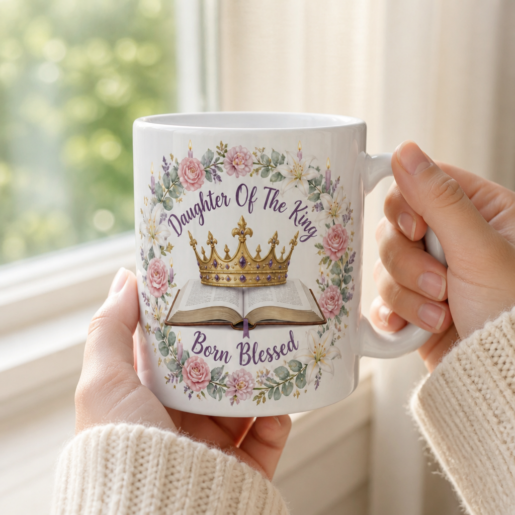 Crowned In His Grace Ceramic Mug - Christian Coffee Mug, styled in the home