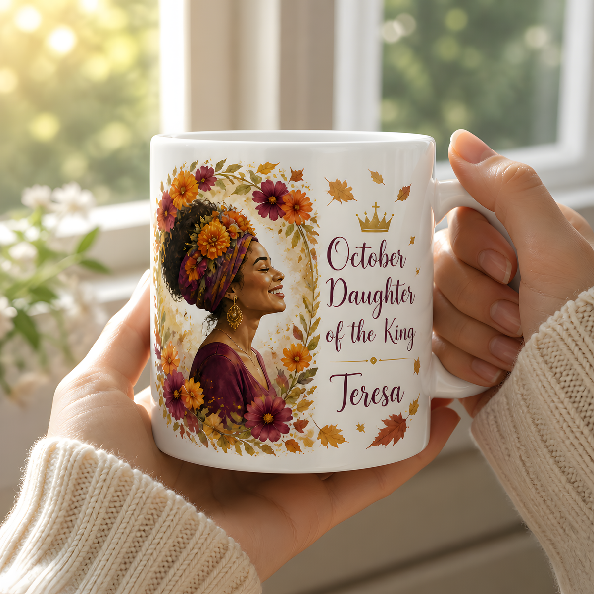 Crowned In Marigolds Ceramic Mug - Christian Coffee Mug, styled in the home