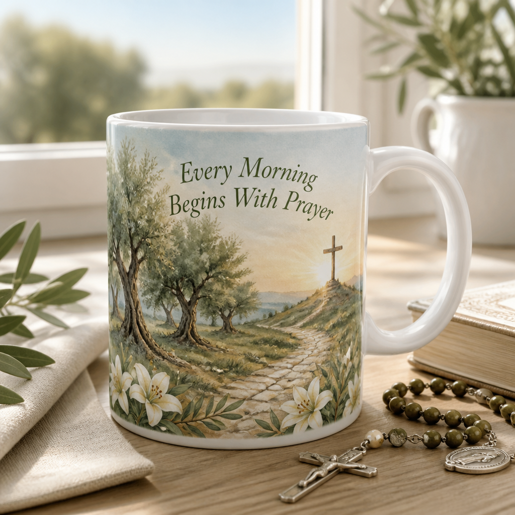 Dawn In The Olive Grove Ceramic Mug - Christian Coffee Mug, front view