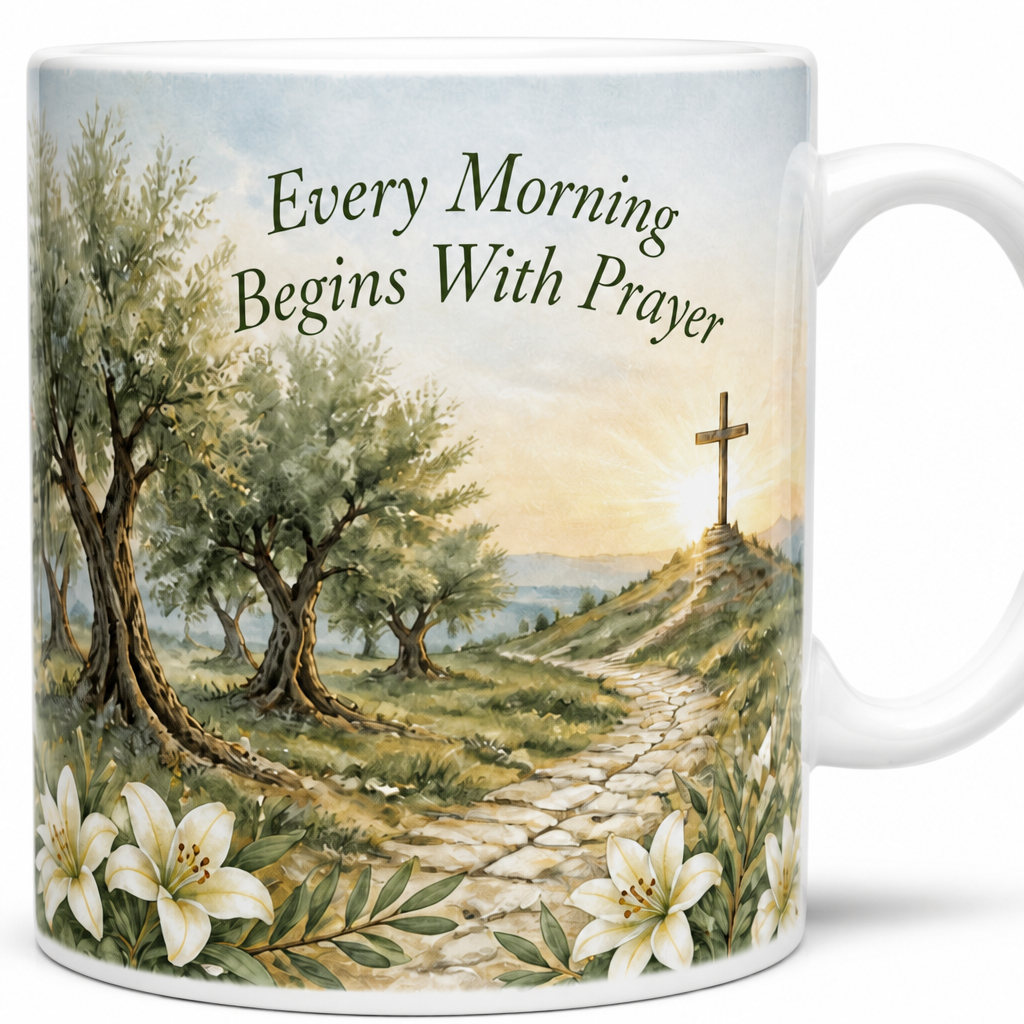 Dawn In The Olive Grove Ceramic Mug - Christian Coffee Mug, detail view