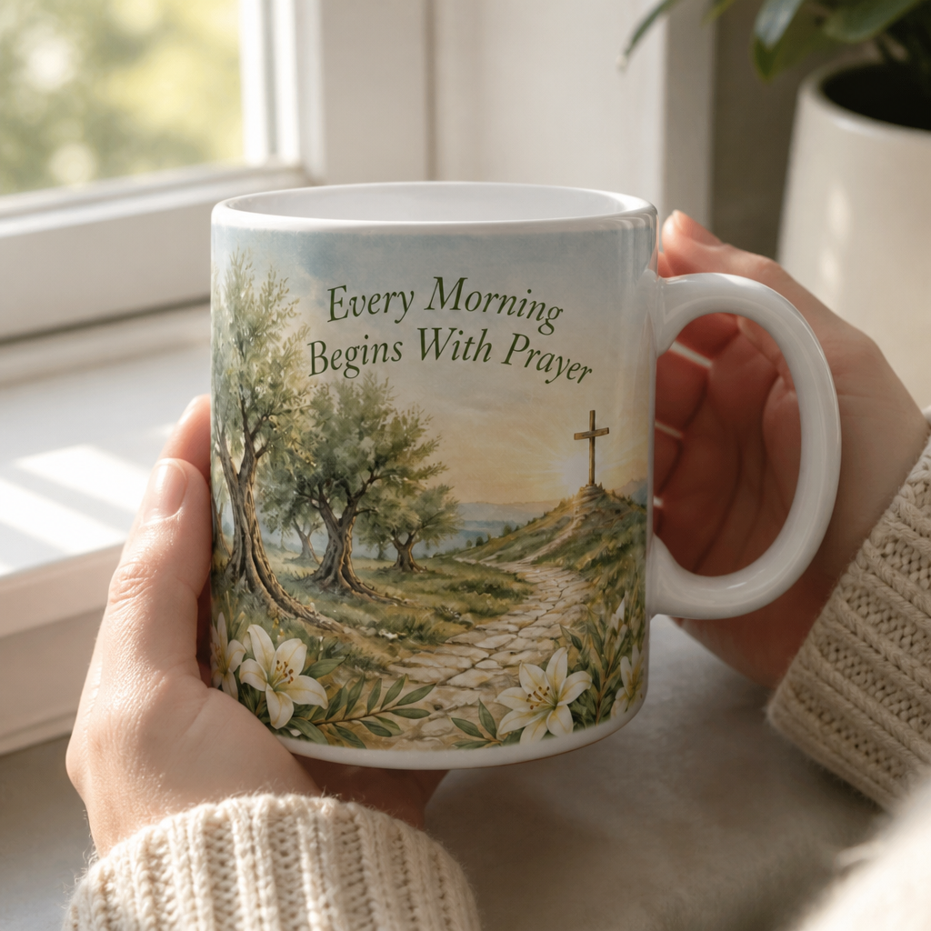Dawn In The Olive Grove Ceramic Mug - Christian Coffee Mug, styled in the home