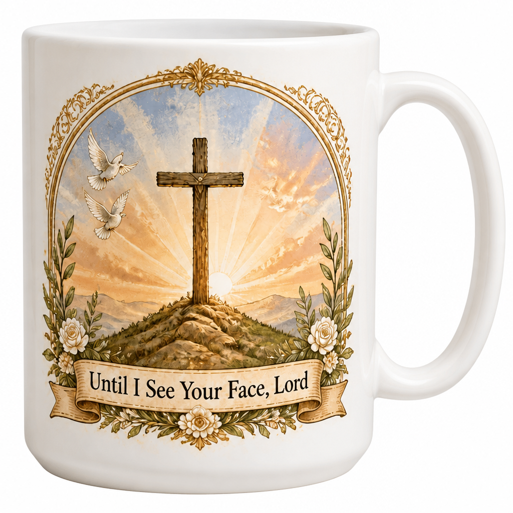 Dawn Over Calvary Ceramic Mug - Christian Coffee Mug, detail view