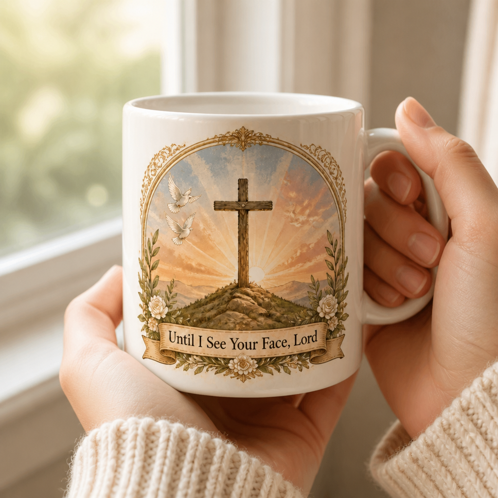 Dawn Over Calvary Ceramic Mug - Christian Coffee Mug, styled in the home