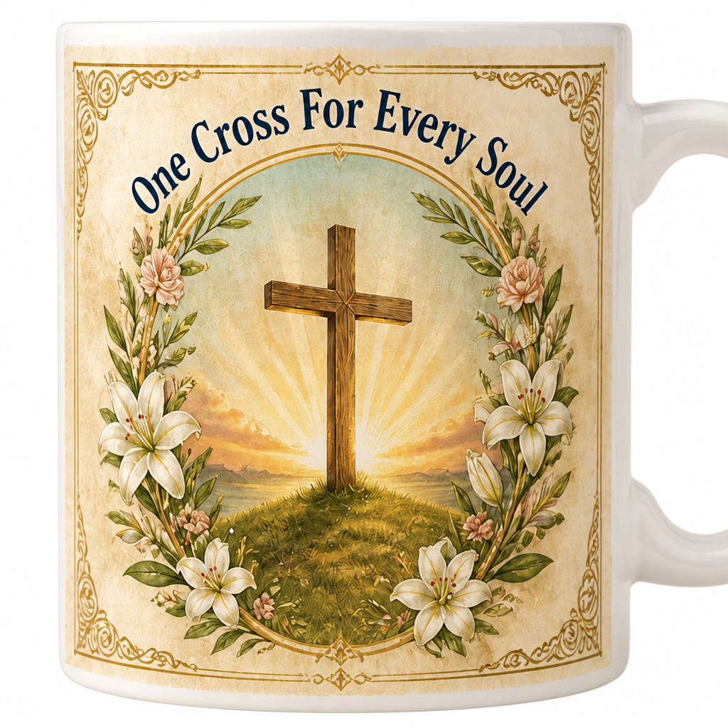 Dawn Over Calvary Hill Ceramic Mug - Christian Coffee Mug, detail view