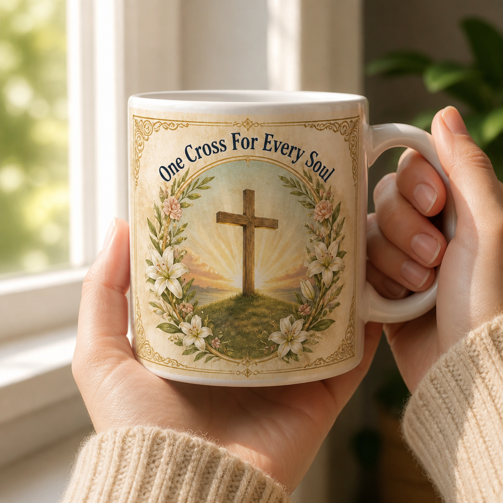 Dawn Over Calvary Hill Ceramic Mug - Christian Coffee Mug, styled in the home