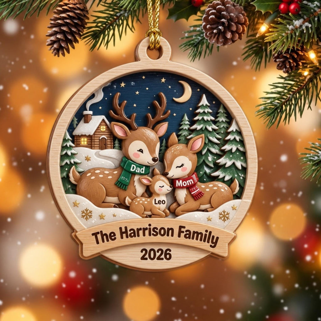 Deer Family Winter Night Scene Acrylic Ornament - Acrylic Christmas Ornament, front view
