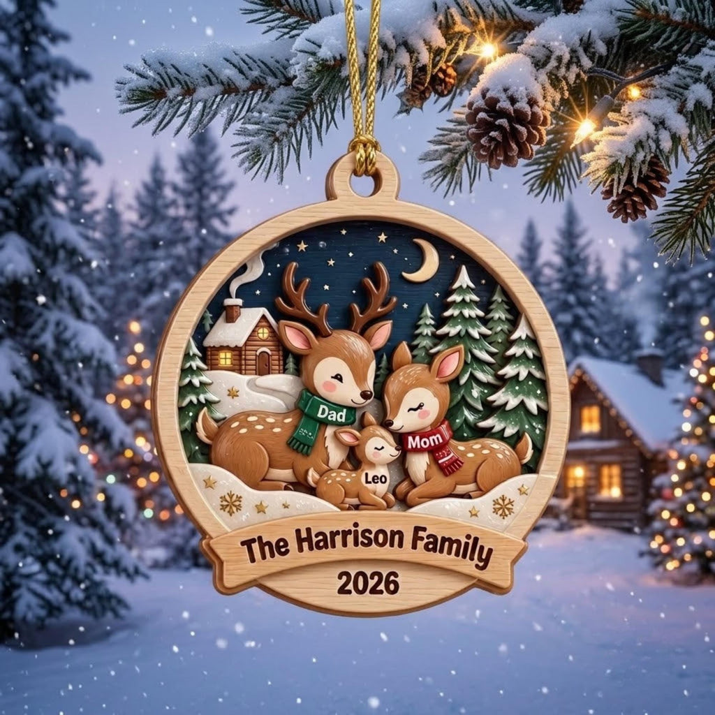 Deer Family Winter Night Scene Acrylic Ornament - Acrylic Christmas Ornament, detail view