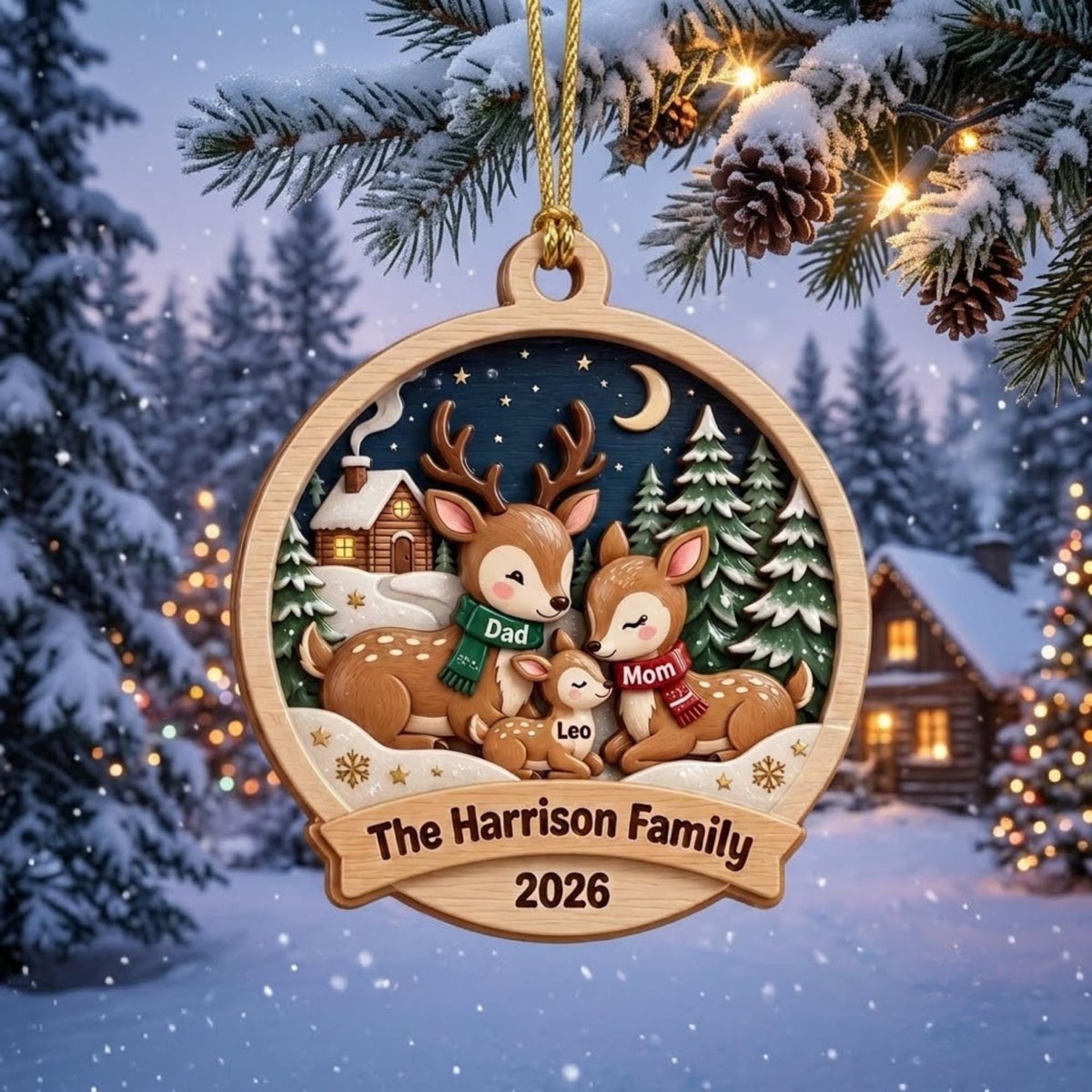 Deer Family Winter Night Scene Acrylic Ornament - Acrylic Christmas Ornament, detail view