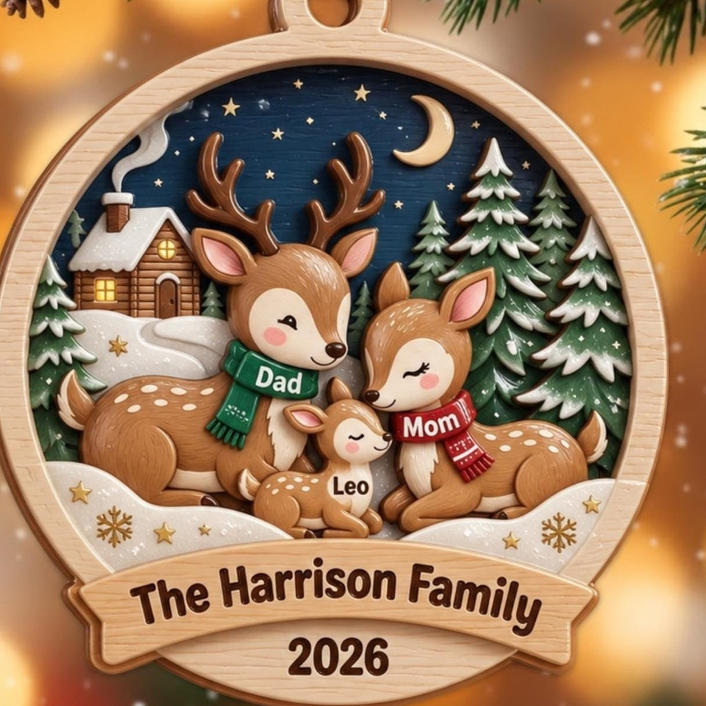 Deer Family Winter Night Scene Acrylic Ornament - Acrylic Christmas Ornament, styled in the home