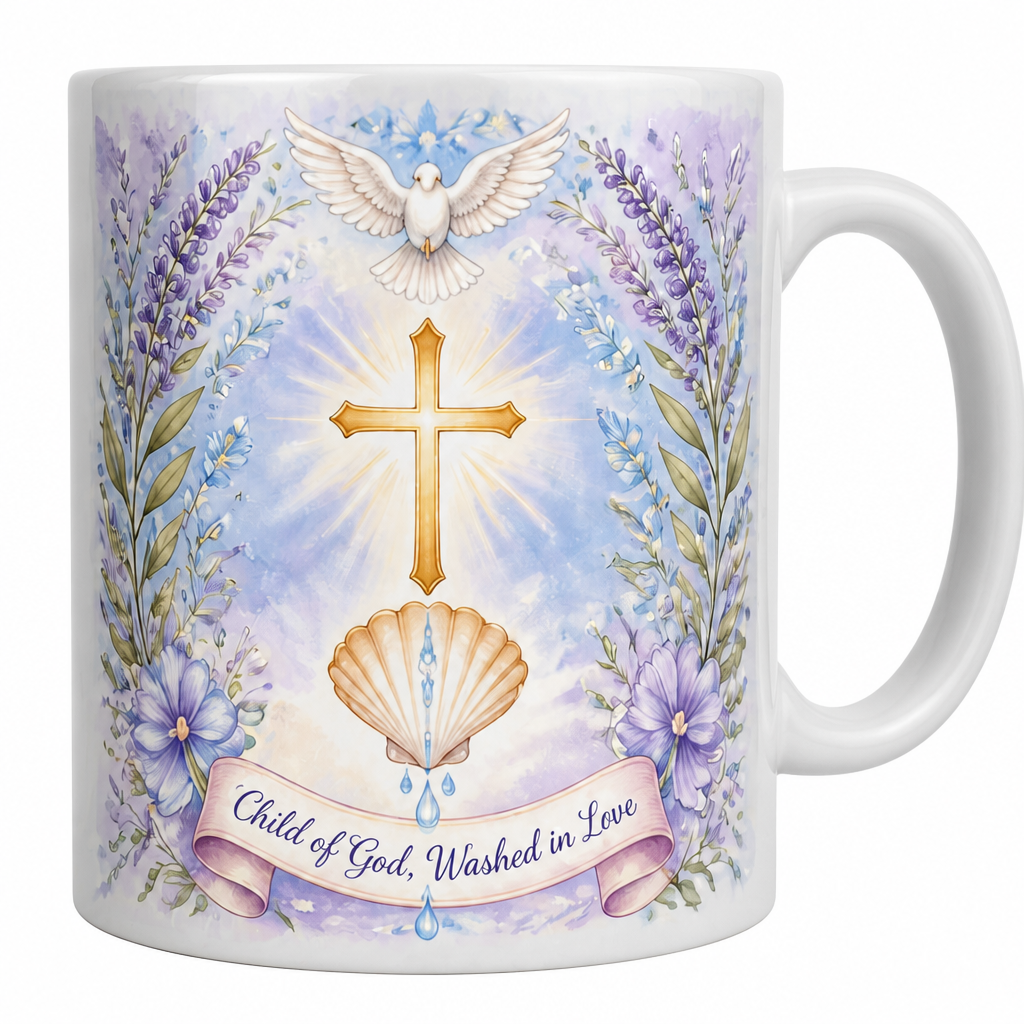 Dove Over Living Waters Ceramic Mug - Christian Coffee Mug, detail view