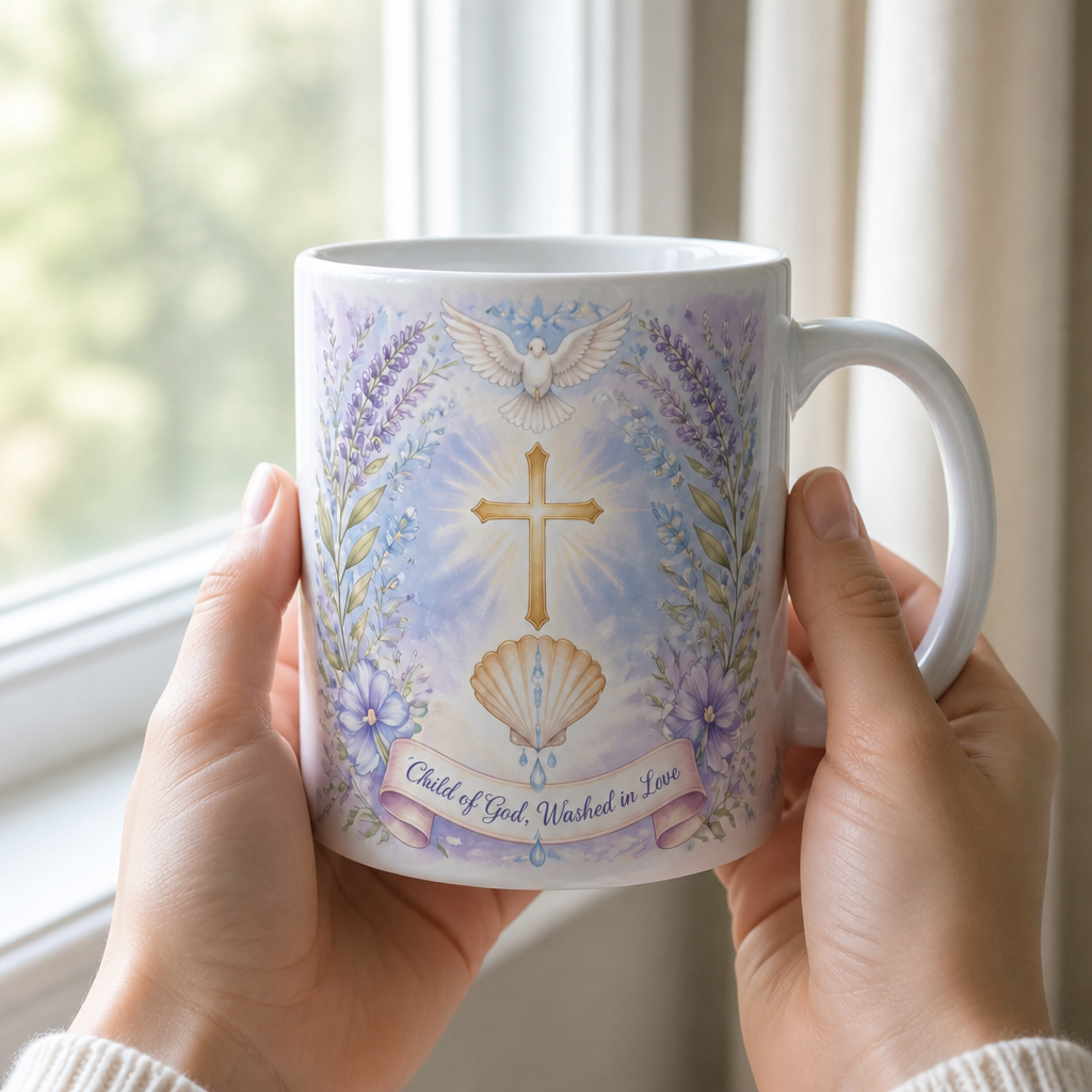 Dove Over Living Waters Ceramic Mug - Christian Coffee Mug, styled in the home