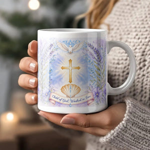 Dove Over Living Waters Ceramic Mug, held in hands