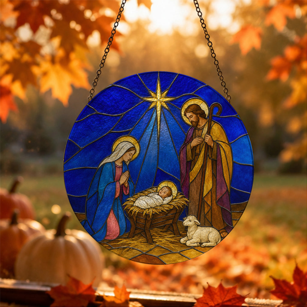 Emmanuel Glass Suncatcher - Catholic Suncatcher, hanging display