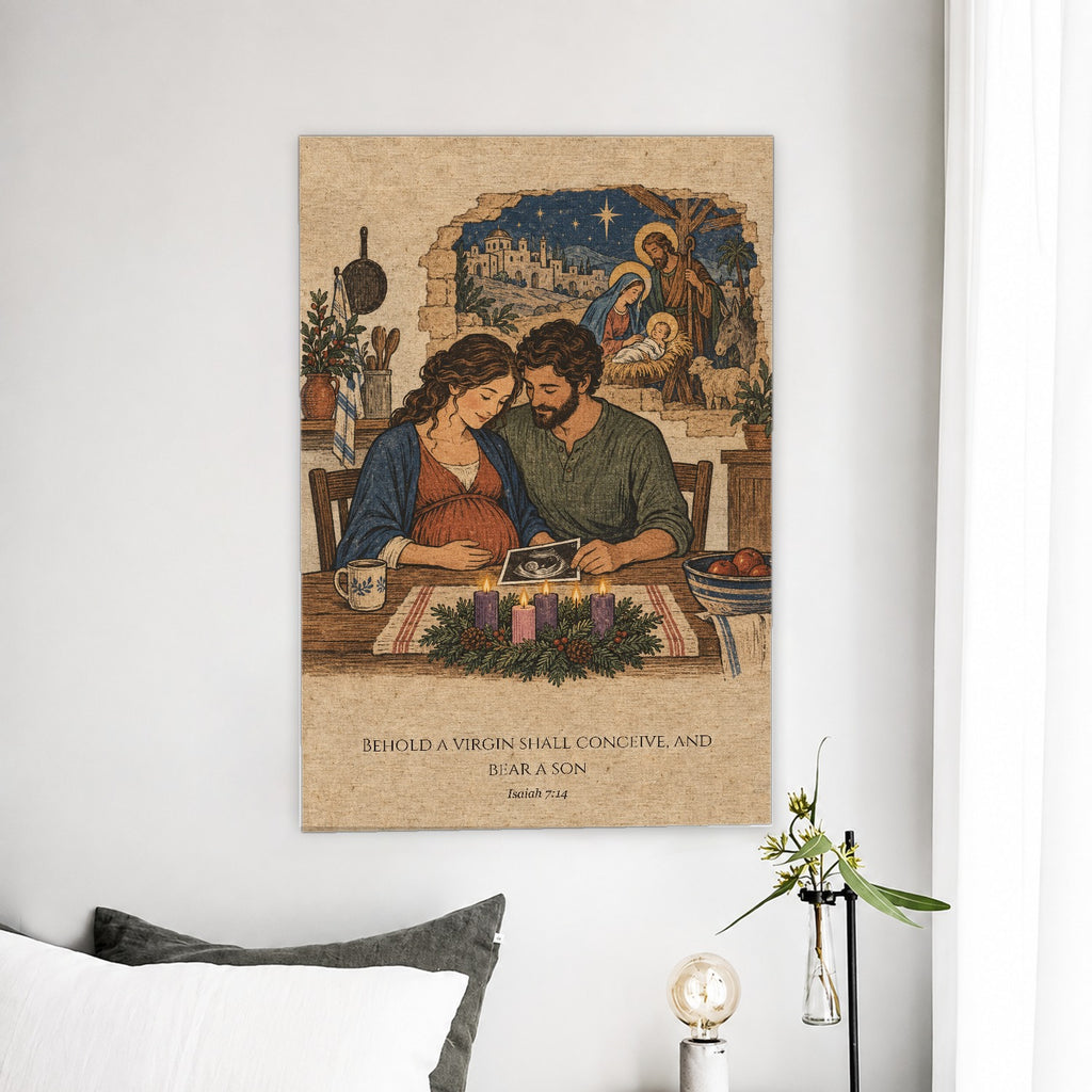Emmanuel in Woodblock Canvas Wall Art - Catholic Wall Art, detail view