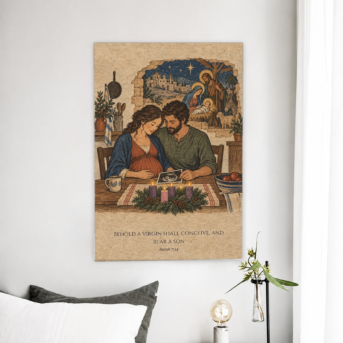 Emmanuel in Woodblock Canvas Wall Art - Catholic Wall Art, detail view
