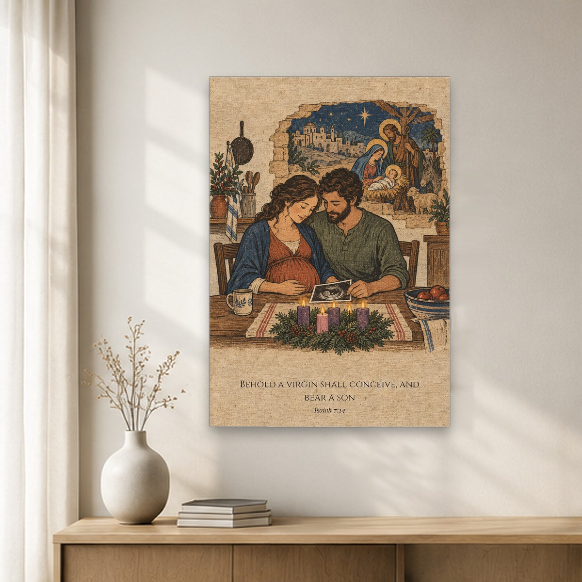 Emmanuel in Woodblock Canvas Wall Art - Catholic Wall Art, gift presentation