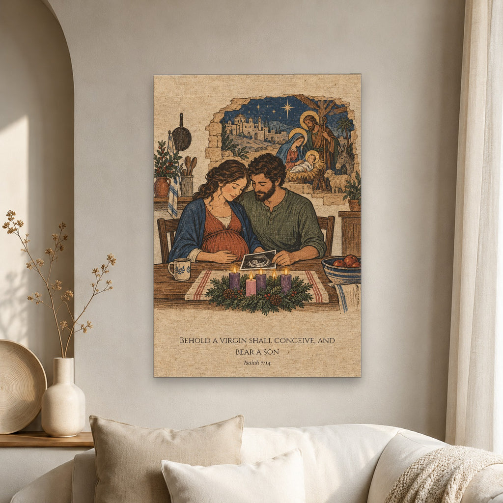 Emmanuel in Woodblock Canvas Wall Art - Catholic Wall Art, scale reference