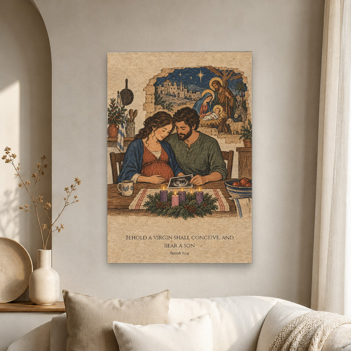 Emmanuel in Woodblock Canvas Wall Art - Catholic Wall Art, scale reference