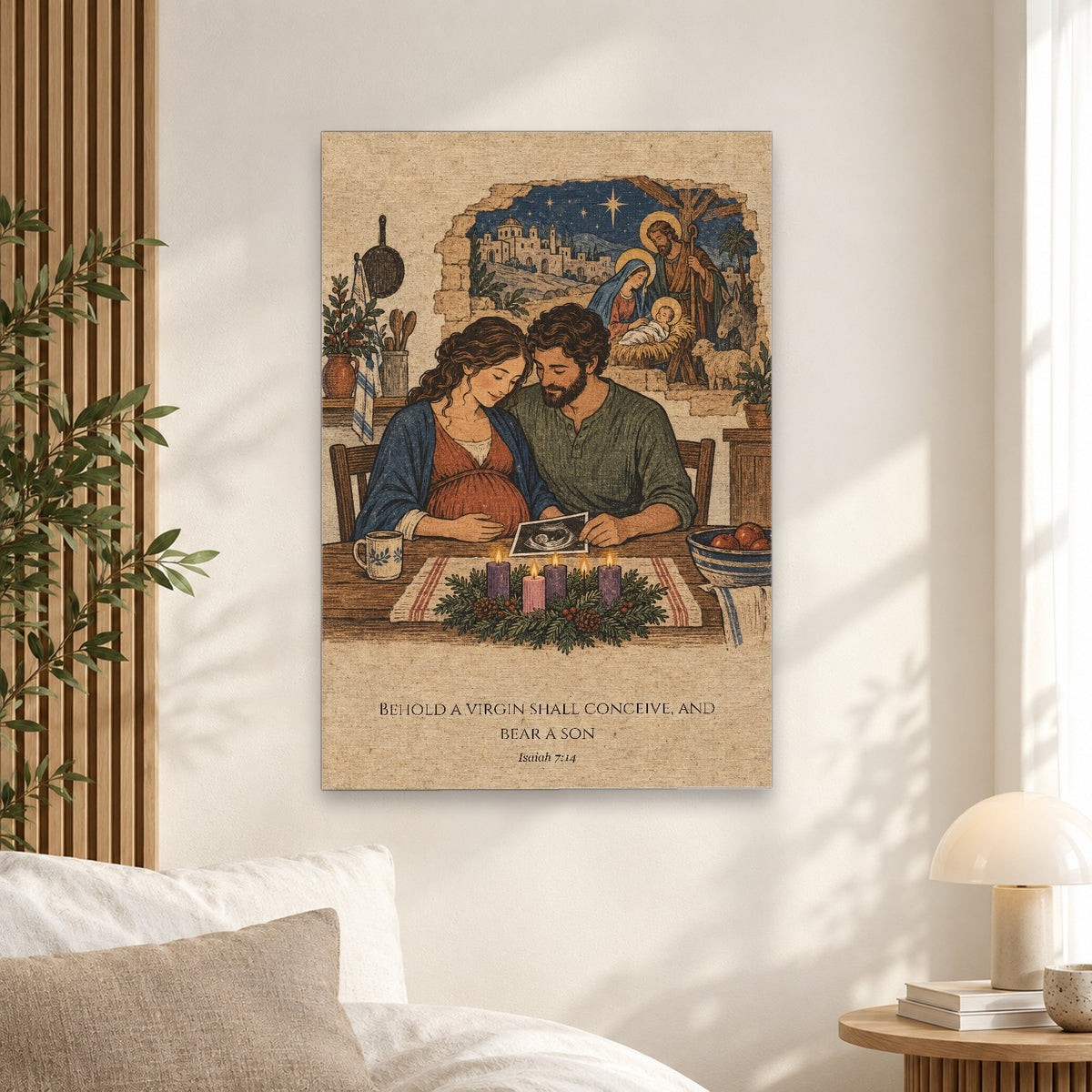 Emmanuel in Woodblock Canvas Wall Art - Catholic Wall Art, alternate angle