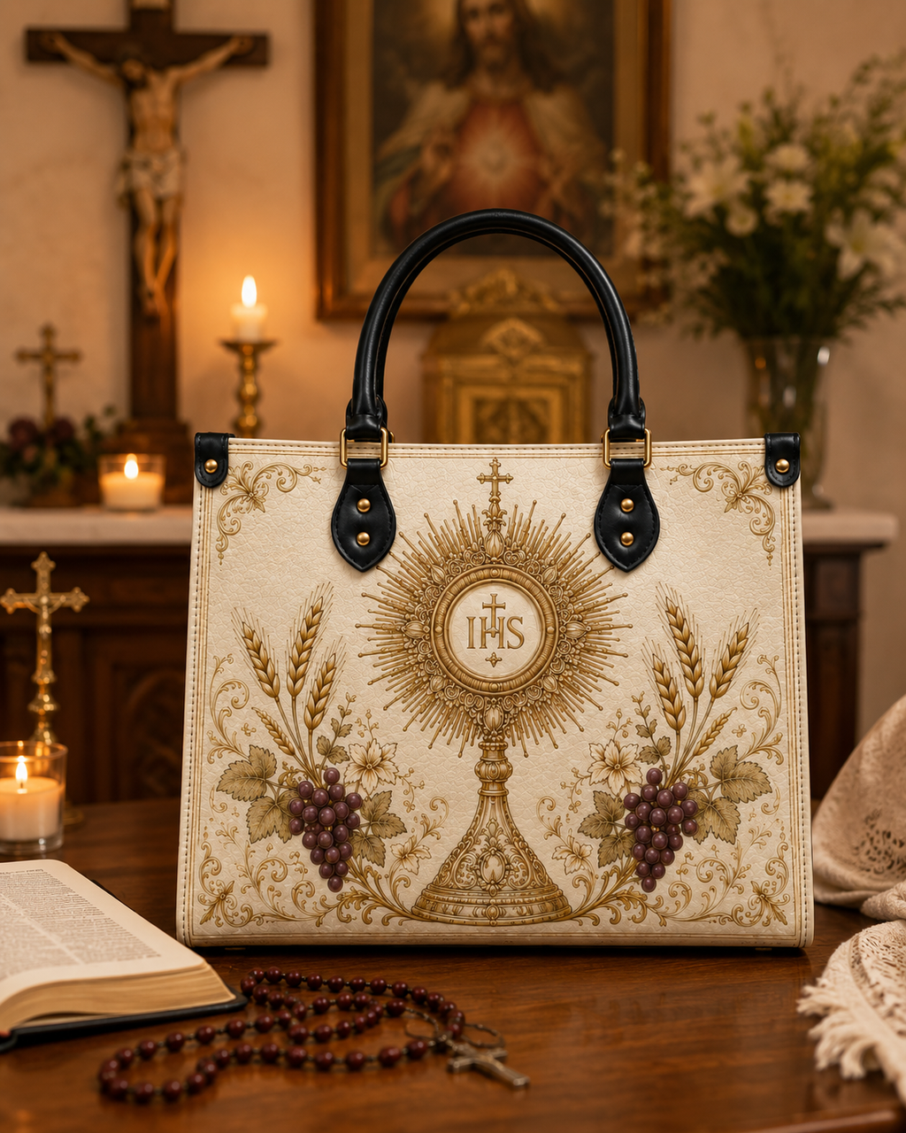 "Eucharistic Harvest" Leather Handbag - Catholic Leather Handbag, View 6