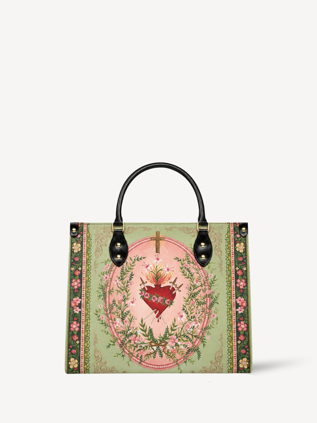 "Ever-Blooming Heart" Leather Handbag - Catholic Leather Handbag, Front View