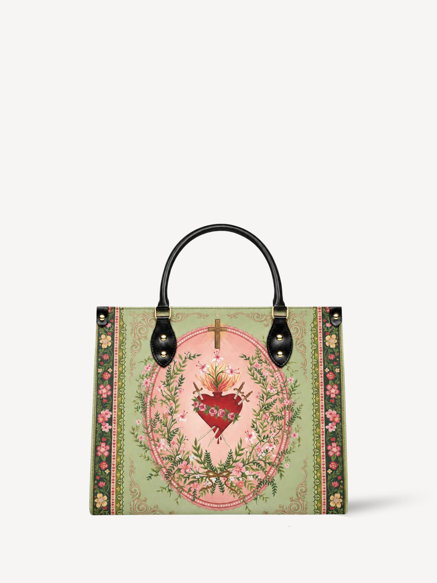 "Ever-Blooming Heart" Leather Handbag - Catholic Leather Handbag, Front View