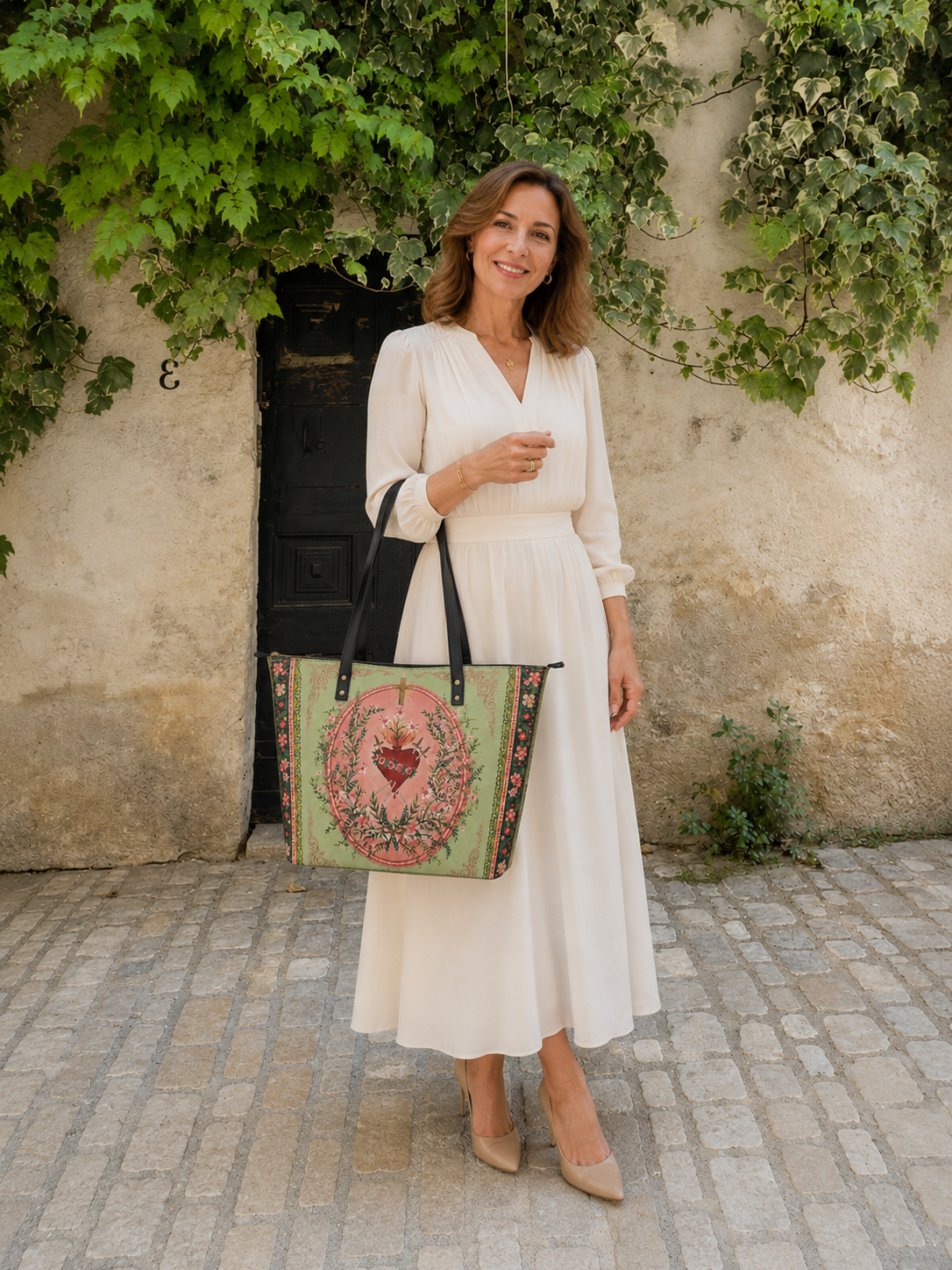 Ever-Blooming Heart PU Leather Tote Bag - Christian Tote Bag, detail view