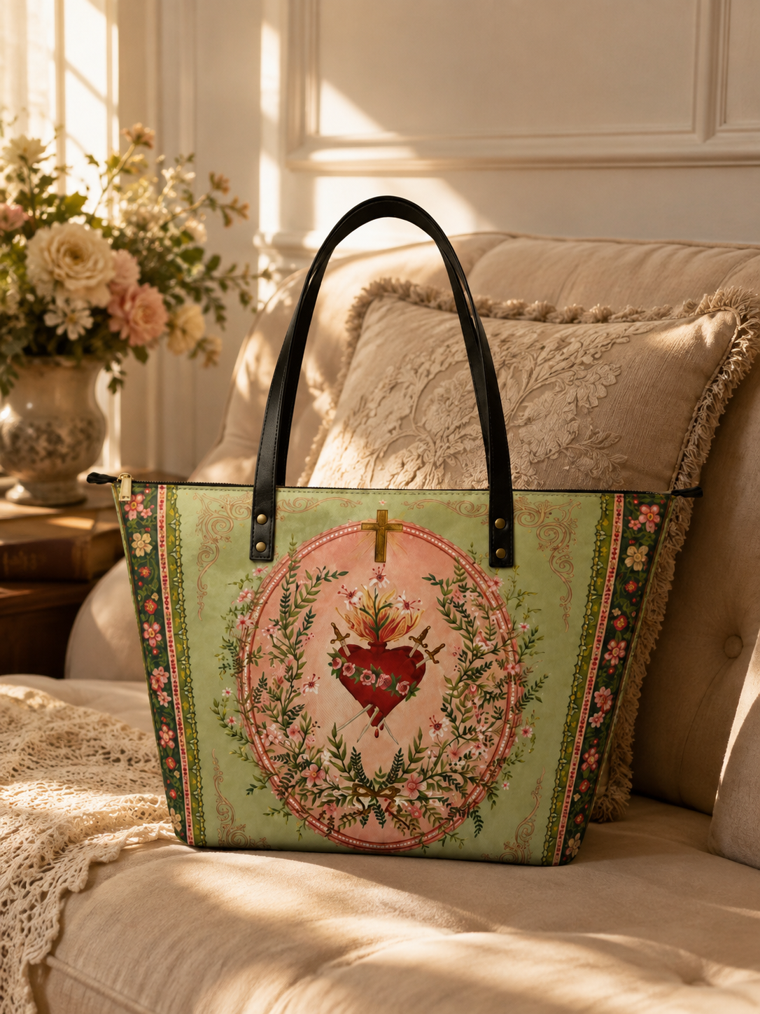 Ever-Blooming Heart PU Leather Tote Bag - Christian Tote Bag, close-up of the print