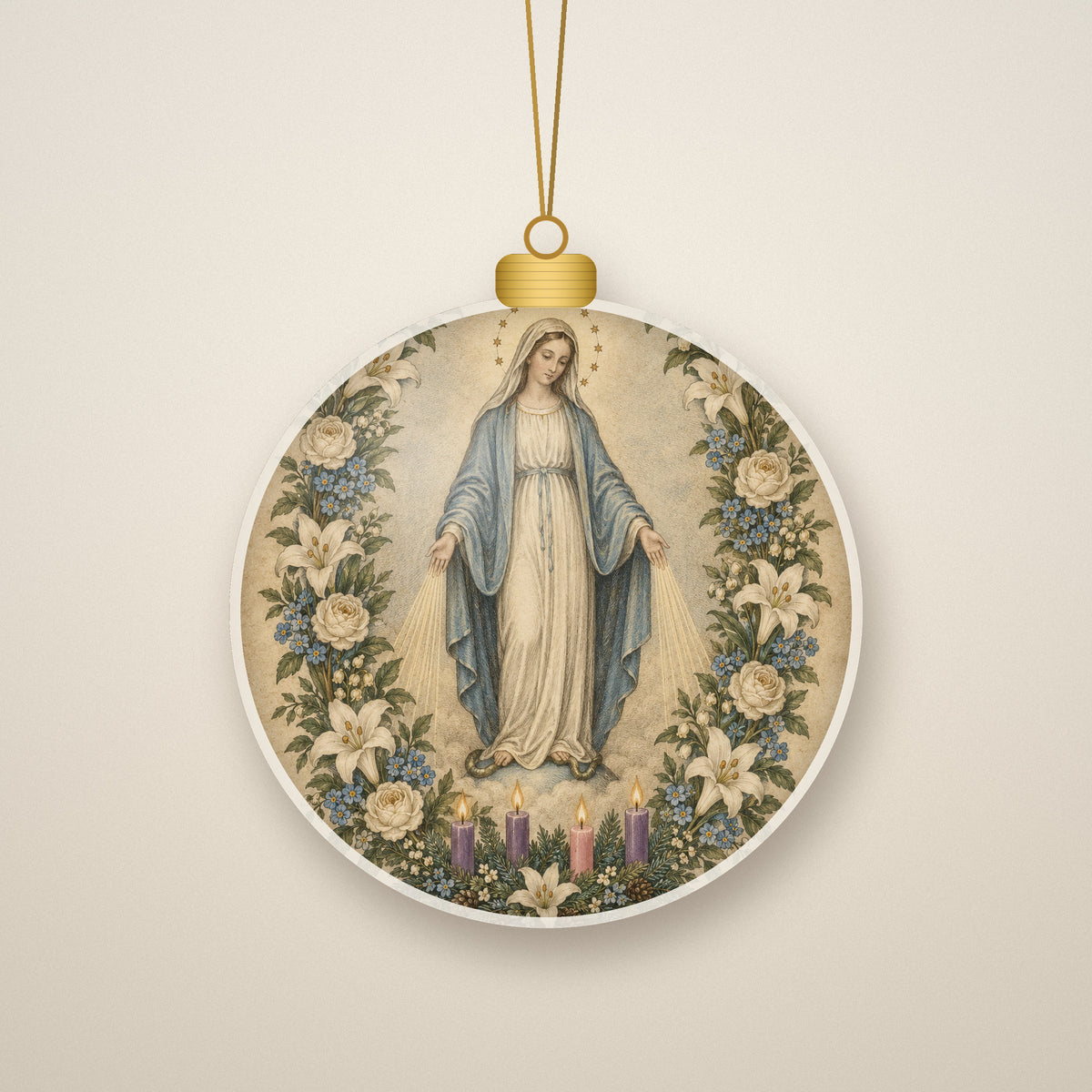 Expectant Hope Ceramic Ornament - Catholic Christmas Ornament, front view