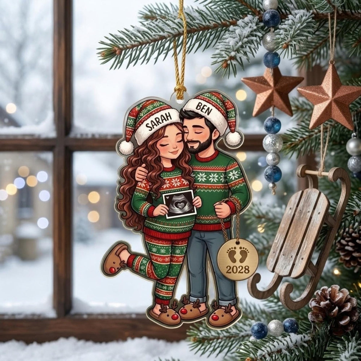 Expecting Couple Ugly Sweater Sonogram Acrylic Ornament - Acrylic Christmas Ornament, front view