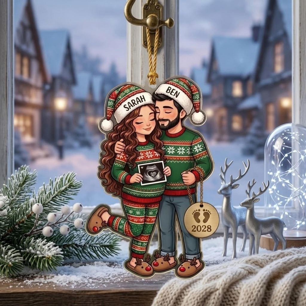 Expecting Couple Ugly Sweater Sonogram Acrylic Ornament - Acrylic Christmas Ornament, detail view