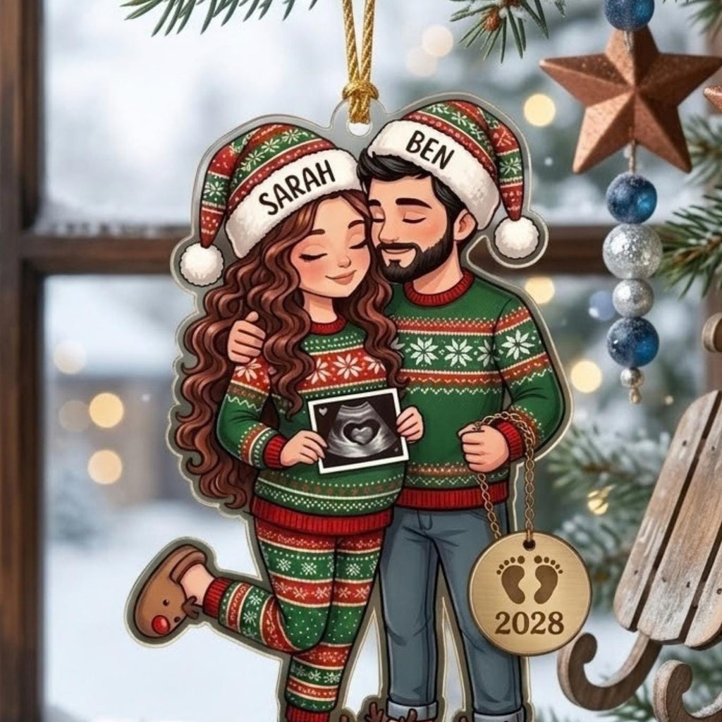 Expecting Couple Ugly Sweater Sonogram Acrylic Ornament - Acrylic Christmas Ornament, styled in the home