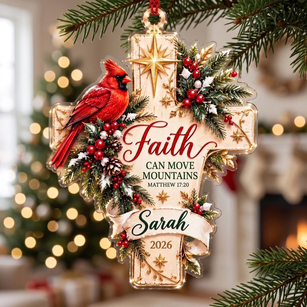 Faith Can Move Mountains Cardinal Cross Acrylic Ornament - Acrylic Christmas Ornament, front view